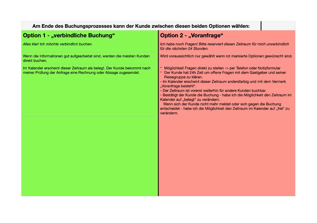 Client brief comparing Option 1 binding booking and Option 2 24-hour inquiry, with calendar and follow-up rules for each