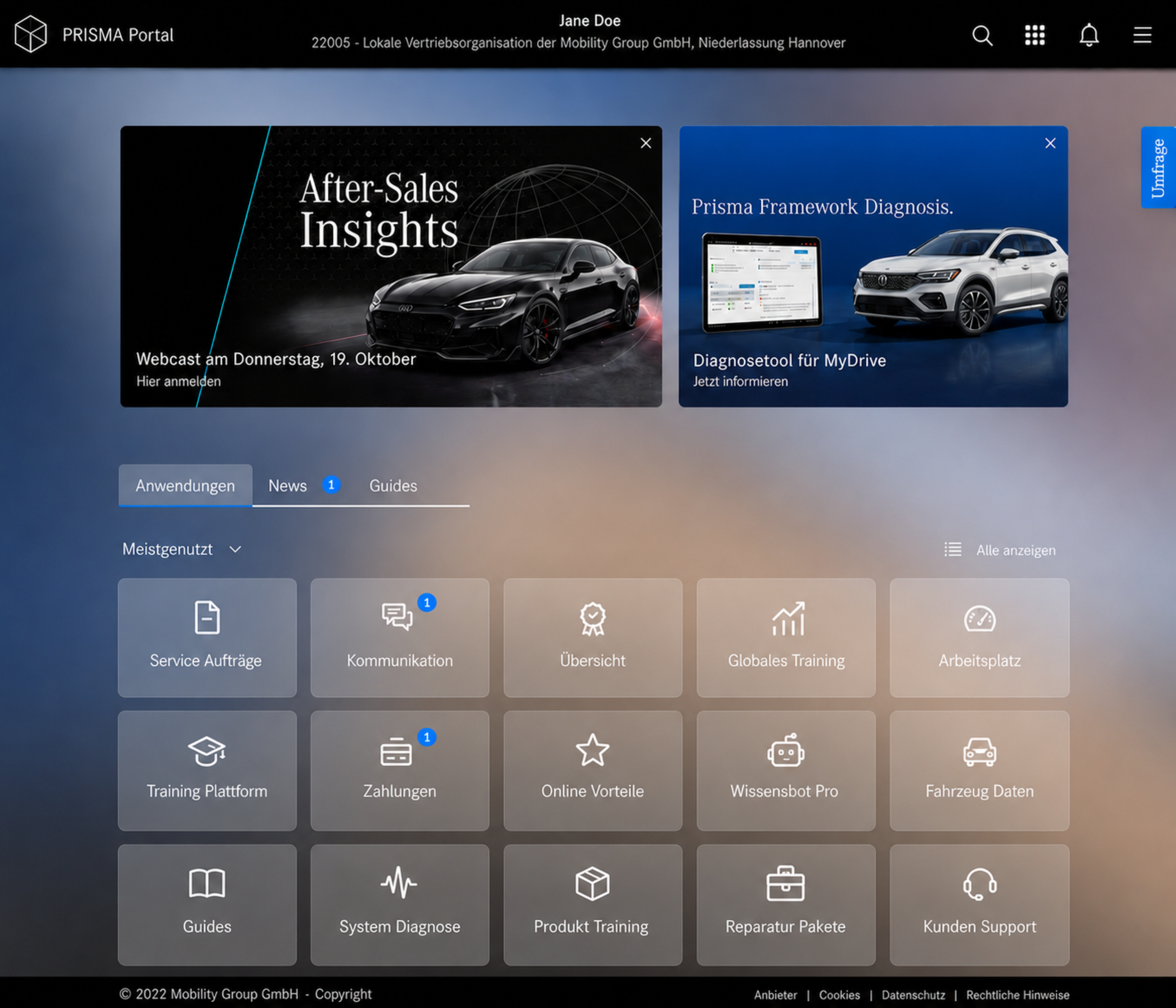 Prisma Portal landing page in Prisma Dark Mode Theme — application tiles and quick actions